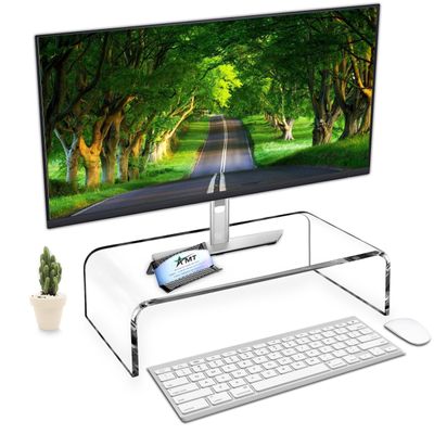 AMT 16 Inch Acrylic Laptop Monitor Stand, Computer Riser with Cat Keyboard Protector, Space-Saving Design, Extra Storage, Clear Shelf - Ideal for Monitors, Laptops, Printers, Desktop Decor