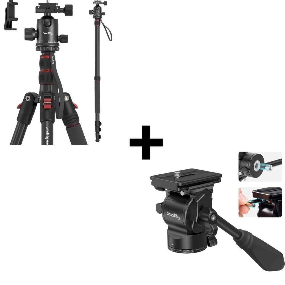 Bundle: SmallRig 71" Camera Tripod with Tripod Fluid Head Pan Tilt Head