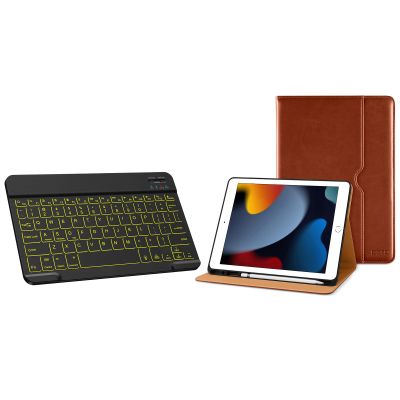 DTTO Bluetooth Keyboard, Wireless Rechargeable Keyboard and Premium Leather Folio Stand Cover with Built-in Apple Pencil Holder for iPad 9th/8th/7th Generation 10.2 Inch Case 2021/2020/2019, Brown
