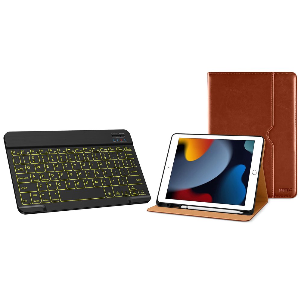 DTTO Bluetooth Keyboard, Wireless Rechargeable Keyboard and Premium Leather Folio Stand Cover with Built-in Apple Pencil Holder for iPad 9th/8th/7th Generation 10.2 Inch Case 2021/2020/2019, Brown