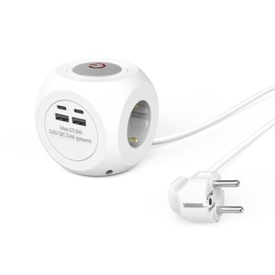 Hama Cube Power Strip with Switch (Extension Cord 1.4 m, 3 Sockets Earth F Schuko + 2 USB-A + 2 USB-C, 3680 W 16 A Ideal for Office, Kitchen, Living Room, Workshop, Garage, PC, Lighting Fixtures, TV