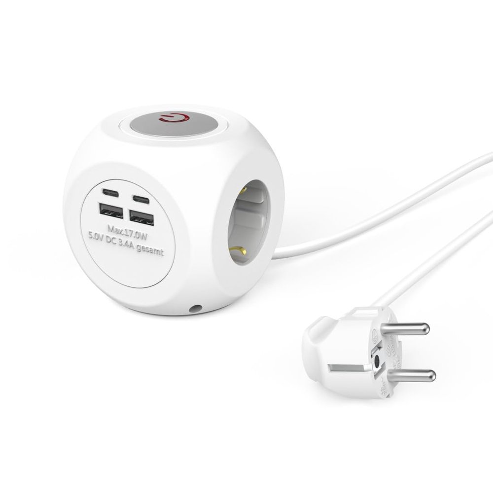 Hama Cube Power Strip with Switch (Extension Cord 1.4 m, 3 Sockets Earth F Schuko + 2 USB-A + 2 USB-C, 3680 W 16 A Ideal for Office, Kitchen, Living Room, Workshop, Garage, PC, Lighting Fixtures, TV