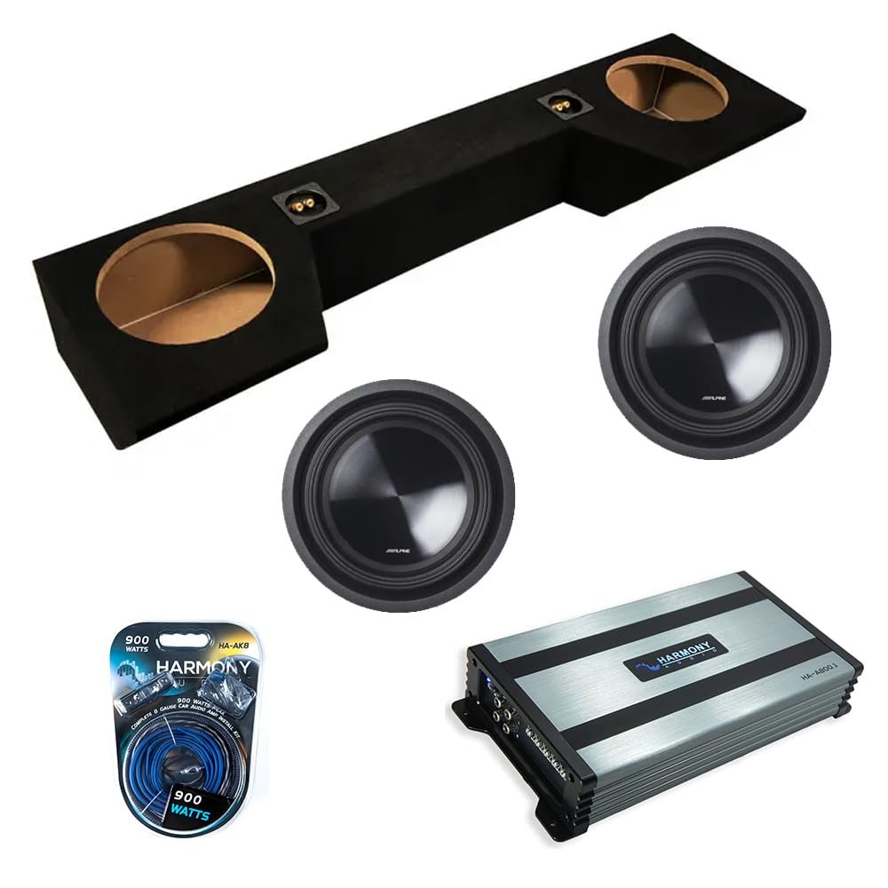 American Sound Connection Dual 10 inch Sub Box Compatible with Dodge Ram Quad Cab Truck 2019-2025 Bundle with SWT-10S4 Subwoofer, HA-A800.1 800W RMS Amp, and Install Kit