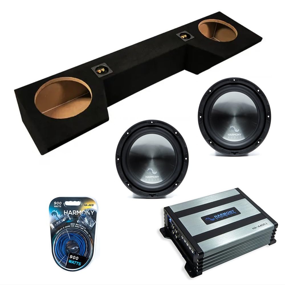 American Sound Connection Dual 10 inch Sub Box Compatible with Dodge Ram Quad Cab Truck 2019-2025 Bundle with HA-R104 Subwoofer, HA-A400.1 400W RMS Amp, and Install Kit