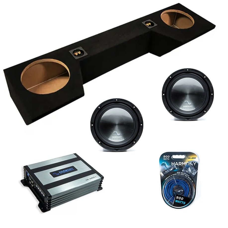 American Sound Connection Dual 10 inch Sub Box Compatible with Dodge Ram Quad Cab Truck 2019-2025 Bundle with HA-R104 Subwoofer, HA-A400.1 400W RMS Amp, and Install Kit
