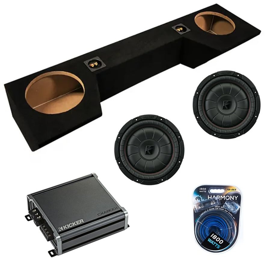 American Sound Connection Dual 10 inch Sub Box Compatible with Dodge Ram Quad Cab Truck 2019-2025 Bundle with 43CVT104 Subwoofer, 46CXA8001 800W RMS Amp, and Install Kit