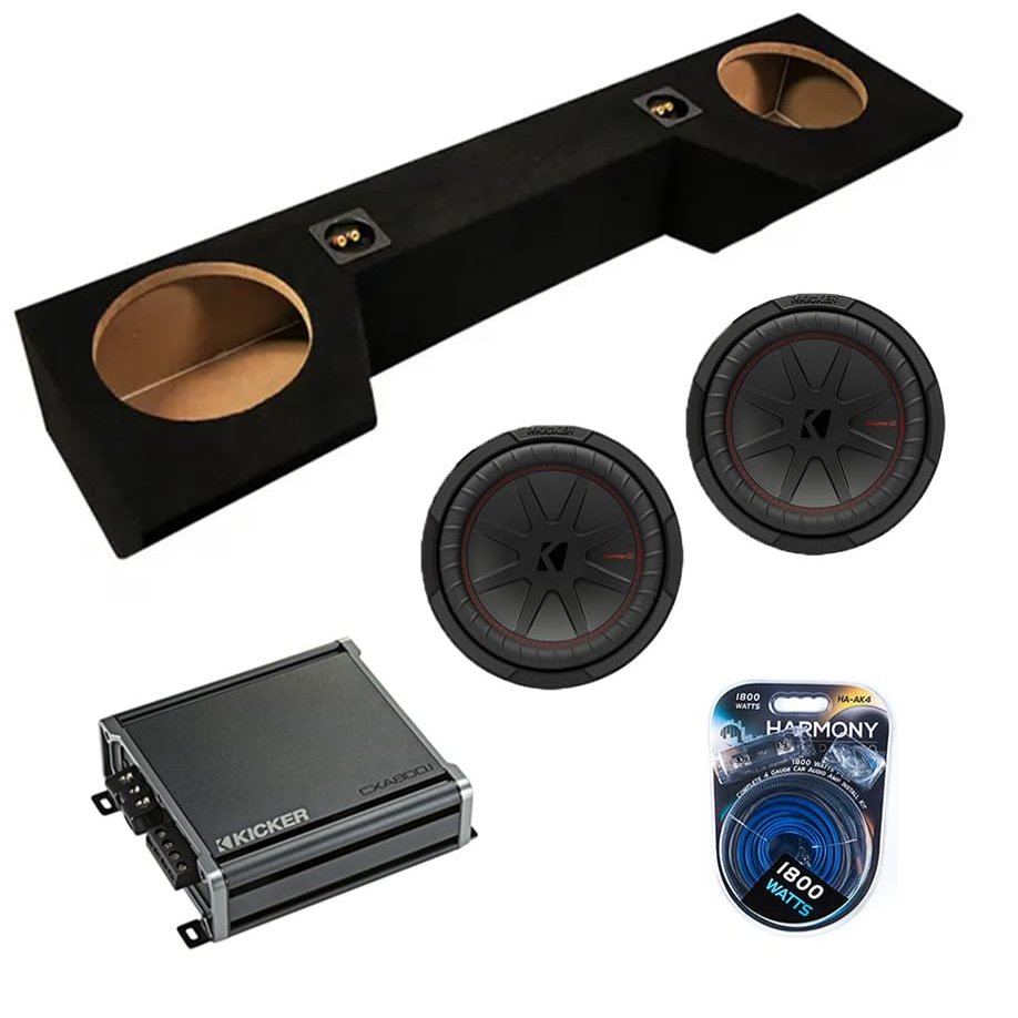 American Sound Connection Dual 10 inch Sub Box Compatible with Dodge Ram Quad Cab Truck 2019-2025 Bundle with 48CWR104 Subwoofer, 46CXA8001 800W RMS Amp, and Install Kit