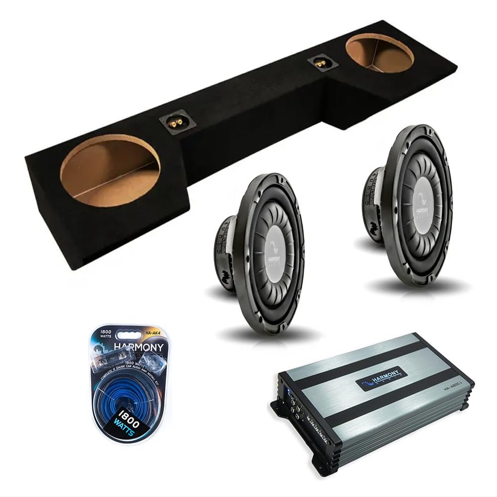 American Sound Connection Dual 10 inch Sub Box Compatible with Dodge Ram Quad Cab Truck 2019-2025 Bundle with HA-F104 Subwoofer, HA-A800.1 800W RMS Amp, and Install Kit
