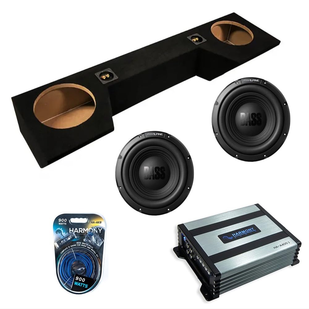American Sound Connection Dual 10 inch Sub Box Compatible with Dodge Ram Quad Cab Truck 2019-2025 Bundle with W10S4 Subwoofer, HA-A400.1 400W RMS Amp, and Install Kit