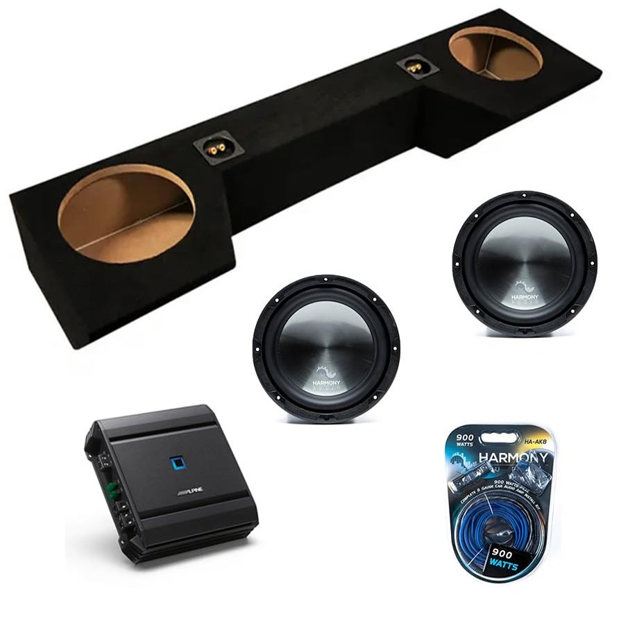 American Sound Connection Dual 10 inch Sub Box Compatible with Dodge Ram Quad Cab Truck 2019-2025 Bundle with HA-R104 Subwoofer, S2-A60M 600W RMS Amp, and Install Kit