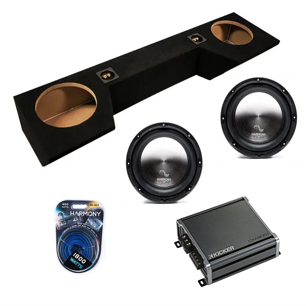 American Sound Connection Dual 10 inch Sub Box Compatible with Dodge Ram Quad Cab Truck 2019-2025 Bundle with HA-A102 Subwoofer, 46CXA8001 800W RMS Amp, and Install Kit