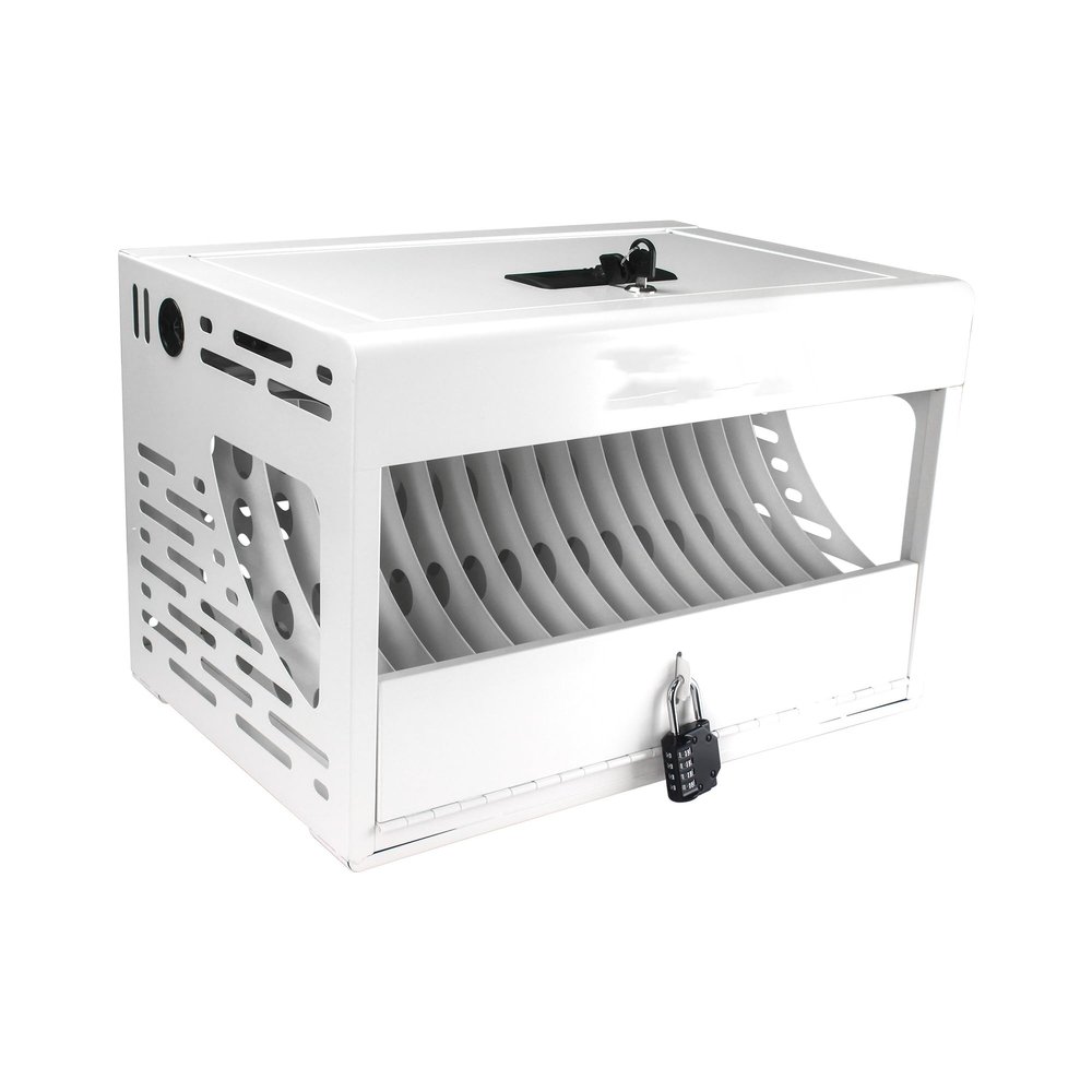 16-Bay Charging Cabinet for Laptops and Tablets, Secure LockBox with Integrated Cable Management, Fits 15.6" Screens and 1.2" Thick Devices, Fully Assembled, Cold Rolled Steel Construction (White)