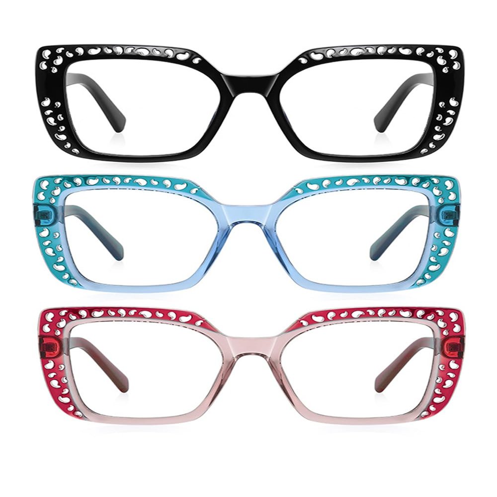 ICARA 3 Pack Oversized Square Reading Glasses for Women Fashion Oprah Style Blue Light Blocking Computer readers (Black+Green/Blue+Red, 0.0, multiplier_x)