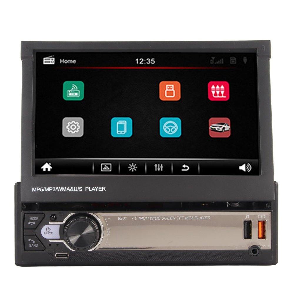 Car MP5 Player, 7in HD LCD Touchscreen Manual Retractable Player, Built in Mic, BT5.1 Stereo Audio Music Player, 12 LED Backup Cameras, USB2.0 Type C PD Port