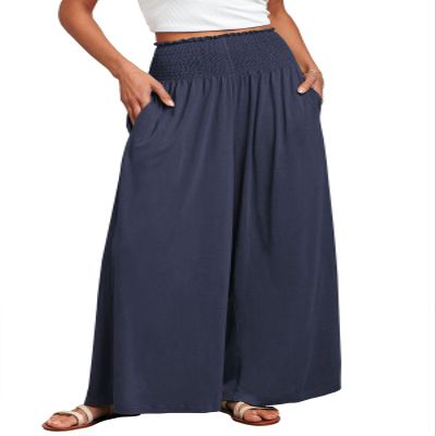 ANRABESS Women Palazzo Pants Summer Boho Bagyy Wide Leg High Smocked Waist Casual Loose Lounge Pant with Pocket Deep Blue Large