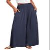 ANRABESS Women Palazzo Pants Summer Boho Bagyy Wide Leg High Smocked Waist Casual Loose Lounge Pant with Pocket Deep Blue Large view 1
