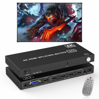 2x2 HDMI Video Wall Controller, 4K@30HZ TV Wall Controller With VGA Input, 180 Degree Rotation, 8 Display Modes (1x1, 1x2, 1x3, 1x4, 2x2, 2x1, 3x1, 4x1), Remote Control for 4 TV Splicing