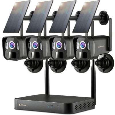Kittyhok Solar Security Cameras Wireless Outdoor System | 4pcs 2K Ultr HD Pan Tilt Home Solar Security Camera with Human Detection, Spotlight | 10CH Smart NVR, 60 Days Local Storage