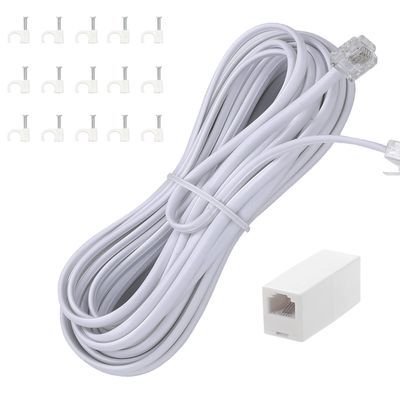 HIPATU Phone Extension Cord 66 Ft, Phone Cord Telephone Cable with Standard RJ11Plug and 2 in-Line Couplers and 25Cable Clip Holders