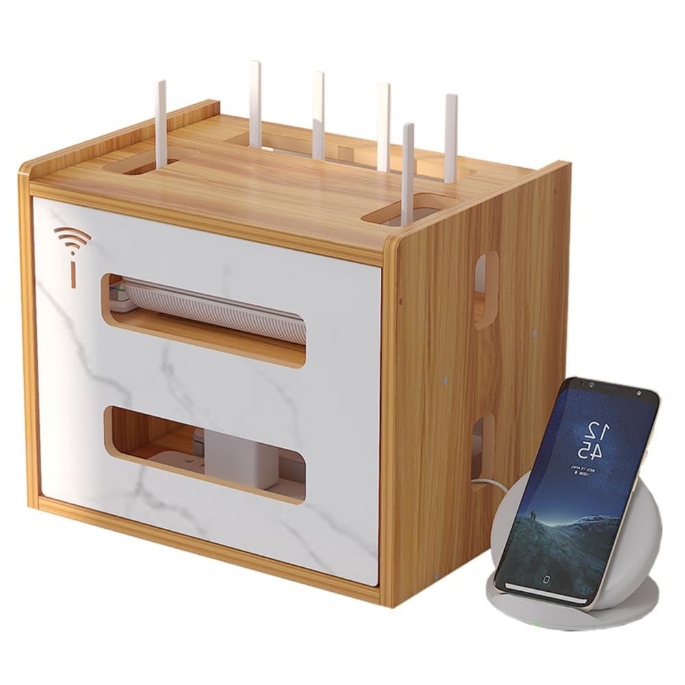 Wooden Router Shelf, Desktop WiFi Router Storage Box Modem Rack Router Cover Power Strip and Cable Management Hider Organizer for Office and Home (Cherry Wood)