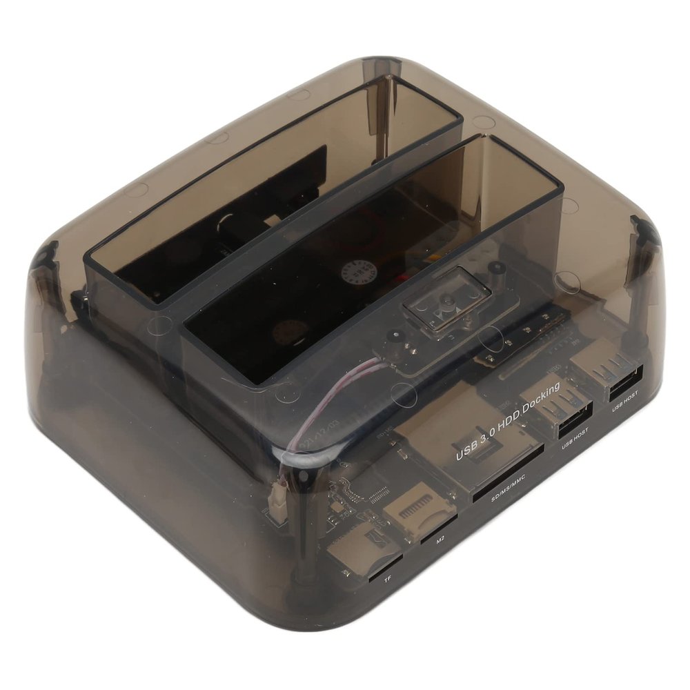 USB 3.0 to SATA Dual Bay Hard Drive Dock, External Hard Drive Dock with Hot Swap Support 20TB 6Gbps for 2.5in 3.5in HDD SSD IDE 100240V Transparent Black (US Plug)