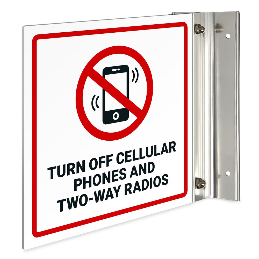 Turn Off Cellular Phones and Two Way Radios Projecting Sign, Double Sided, 6x6 Inches, ACM, with Brushed Nickel Accessory, Made in USA