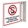 Turn Off Cellular Phones and Two Way Radios Projecting Sign, Double Sided, 6x6 Inches, ACM, with Brushed Nickel Accessory, Made in USA view 1
