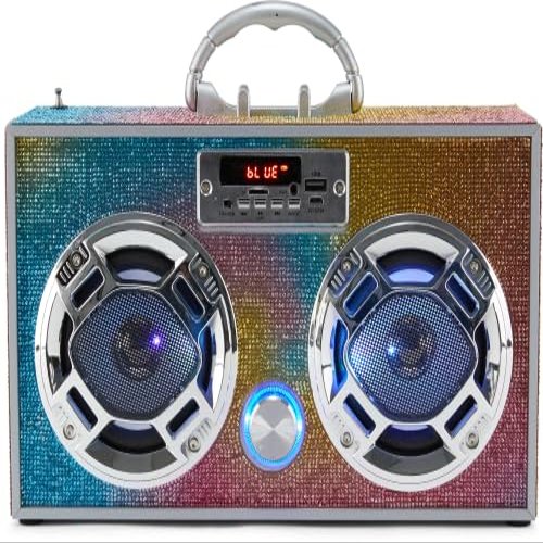 Wireless Express - Boombox Speaker with LED Lights  Retro Bluetooth Speaker w/Enhanced FM Radio - Perfect for Home and Outdoor (Swirl Bling)
