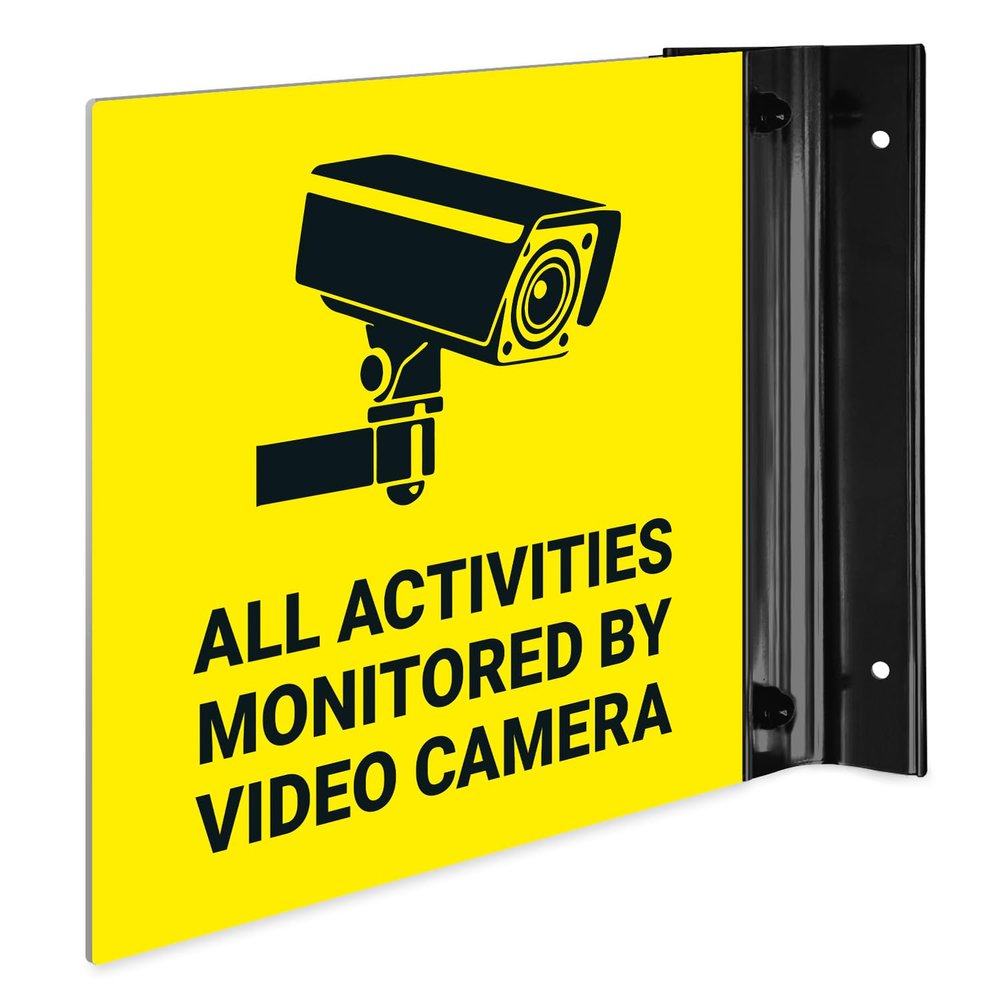 All Activities Monitored by Video Camera Projecting Sign, Double Sided, (SI-7651) 6x6 Inches, ACM, with Satin Black Accessory, Made in USA