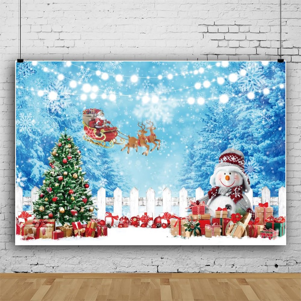 10x6.5ft Vinyl Winter Snowman Backdrop - Blue Xmas Snowflake Snow Forest Merry Christmas Tree Photography Background - Santa Claus Winter Wonderland Party Decor