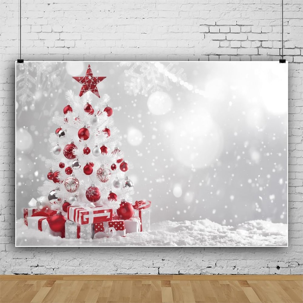 12x10ft Vinyl Christmas Backdrop Merry Christmas Tree Red Christmas Ball Star Gift Background Christmas Photo Backdrop Xmas Snowflake Winter Wonderland Backdrop for Happy New Year Party Decor