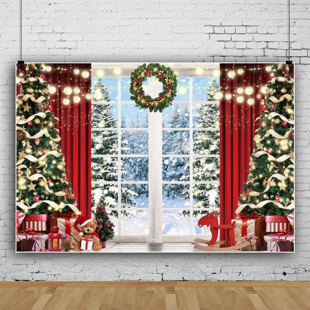 15x10ft Vinyl Winter Christmas Window Backdrop Xmas Tree Wreath Snow Snowflake Photography Background Winter Wonderland Decor Banner Backdrop Christmas Forest Holiday Party Decor
