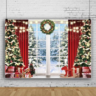 10x6.5ft Vinyl Winter Christmas Window Backdrop Xmas Tree Wreath Snow Snowflake Photography Background Winter Wonderland Decor Banner Backdrop Christmas Forest Holiday Party Decor