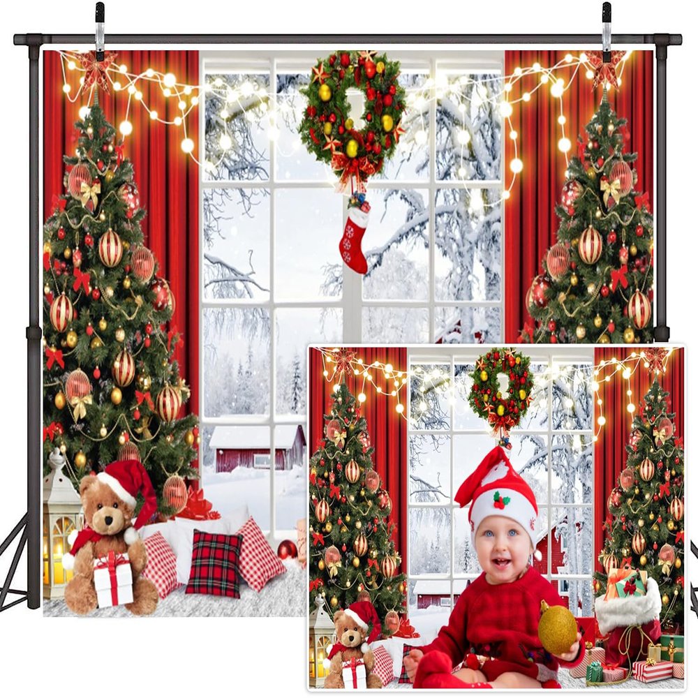 12x8ft Winter Christmas Backdrop Winter Snow Scene Xmas Party Decor Photography Background Indoors Xmas Tree Snow Backdrop Baby Kids Birthday Party Decoration Christmas Photo Backdrops