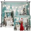 10x6.5ft Blue Oil Painting Forest Backdrop Pine Tree Winter Snow Christmas Photography Background Nature Watercolour Tree Christmas Party Backdrop Kids Newborn Baby Portrait Photoshoot Background view 1