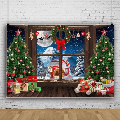 10x6.5ft Vinyl Christmas Tree Backdrop Winter Snowflake Pine Tree Snow Forest Full Moon Mountain Outside Window Photography Background Happy New Year Winter Wonderland Party Decor Backdrop