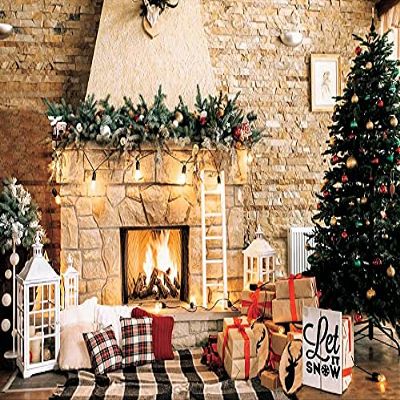 12x10ft Vinyl Winter Christmas Fireplace Backdrop Xmas Tree Vintage Brick Wall Photography Background Christmas Scene Backdrop Kids Adult Happy New Party Decor Banner Backdrop