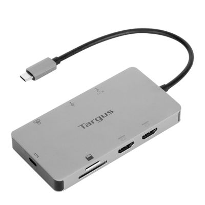 Targus USB-C Dual HDMI Travel Dock, 4-1/2"H x 3"W x 7/8"D, Silver, DSU200TT