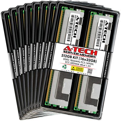A-Tech 512GB Kit (16x32GB) RAM for ASUS RS720-E7, RS720Q-E7, RS724Q-E7, RS726Q-E7, RS740-E7 Rack Server | DDR3 1866MHz PC3-14900 ECC LRDIMM 4Rx4 1.5V 240-Pin Load Reduced DIMM Memory Upgrade