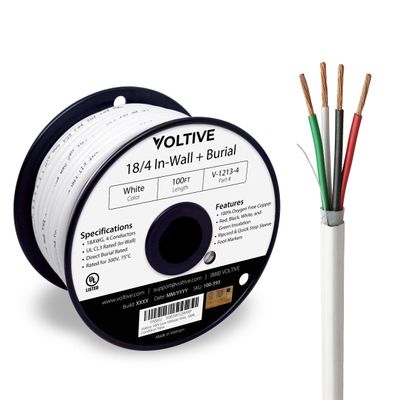 Voltive 18/4 Low Voltage Wire, in-Wall CL3 & Direct Burial, White, 100ft - 18AWG, 4 Conductors, Stranded Bare Copper, UL Listed - V-1213-4