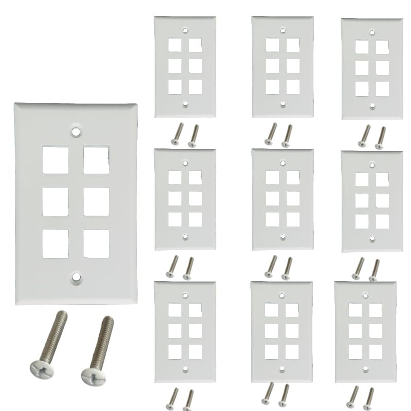 6 Port Keystone Wall Plate (10-Pack), Single Gang Wall Plates for RJ45 Keystone Jack and Modular Inserts, White
