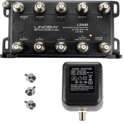 Reliable 8-Port TV Antenna Signal Splitter, Distribution Amplifier with Power Supply and F59 Terminators - Connect up to 8 Devices to 1 Antenna or Cable Line LSA48