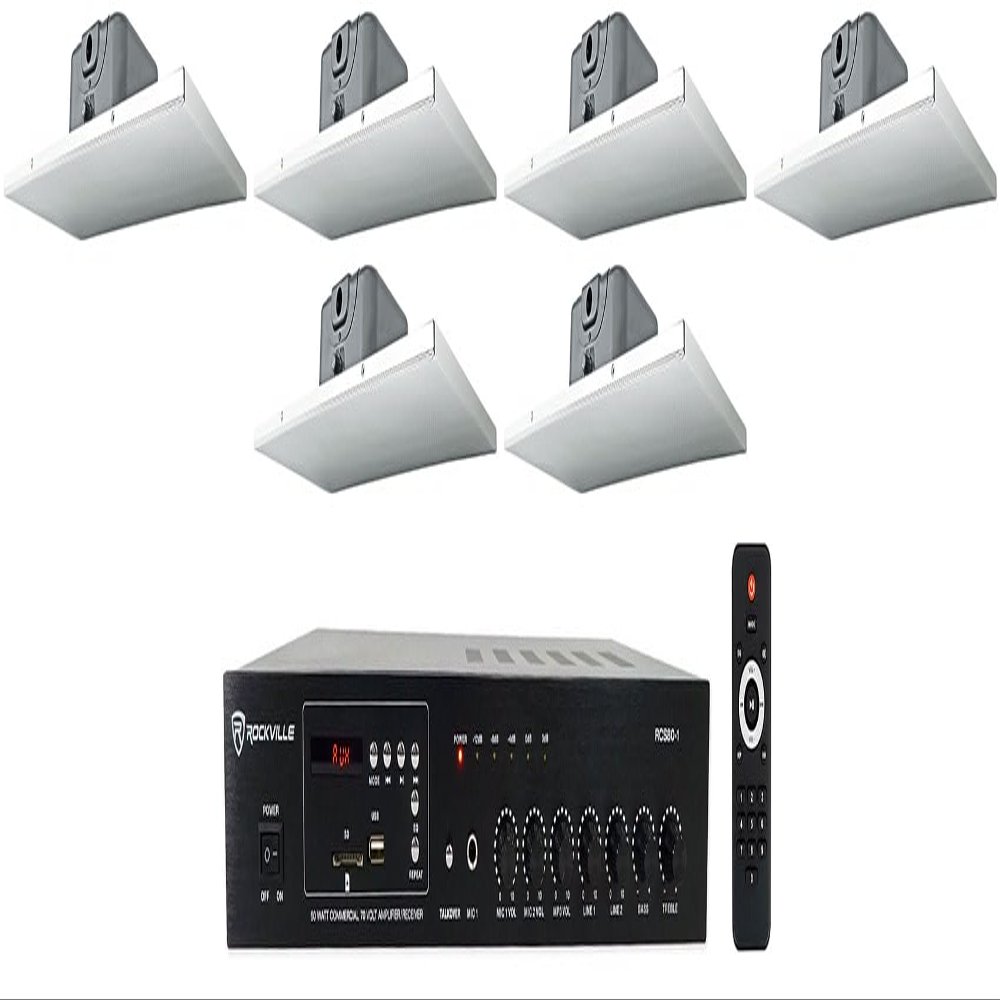 Rockville RCS80-1 Bundle: 60W 70V Bluetooth Commercial Amplifier Receiver with USB/SD/FM Inputs, (6) 6.5-Inch 30W RMS 2x1 Drop Ceiling Speakers for Office Restaurant Conference Room Install, 7-Items