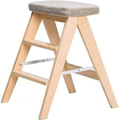 BABYCE Foldable Step Stool Step Ladder/Ladder/Folding Chair with 3 Steps, Wooden Staircase Extended Gray Sponge Seat High Stool At Home Garden Tools Height 65cm Heavy Duty Max. 120 Kg (Size : Wood)