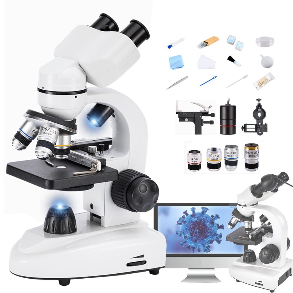 Lab Compound Binocular Microscopes 40X-6000X/10000/20000X Magnification with 2.0MP Electric Eyescope,Capturing Image,Recording Video, WF10X WF25X,Dual Power Supply Methods,10000X