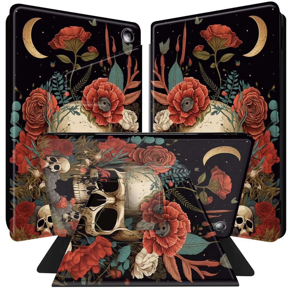 BPQOJB for All-New Fire Max 11 Case 13th Generation 11 inch 2023 Release 360 Degree Rotating PU Leather Smart Cover with Auto Wake/Sleep - Red Fowers Skull