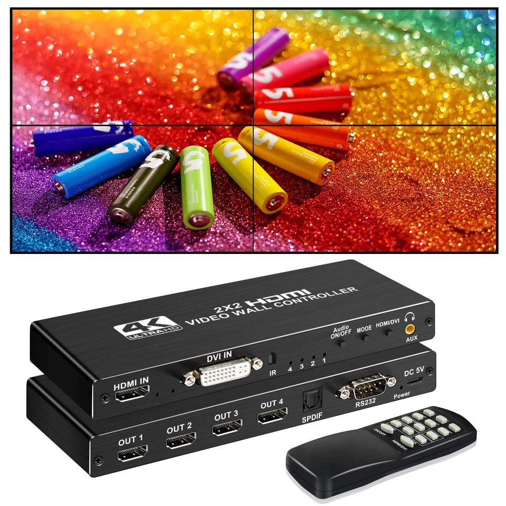 avedio Links 2x2 HDMI Video Wall Controller 4K, 1080P@60Hz HDMI DVI TV Wall Processor with Audio Out, 4 TV Screens into 1 Wall Display w/ RS232, Support 180 Rotate, 1x2 1x3 1x4 2x2 2x1 3x1 4x1 Mode