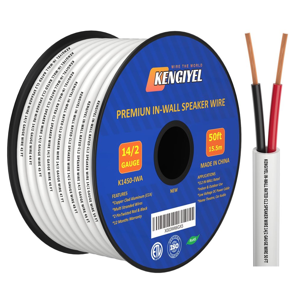 Speaker Wire 14 Gauge 50FT, 14 AWG Stranded PVC Extension Cord,CL2 Rated in-Wall Fire Safety Wire, 12V Low Voltage/Tinned Copper/Flexible Cable for Automotive Wiring, Lamp Cord, Marine Cable, CCA