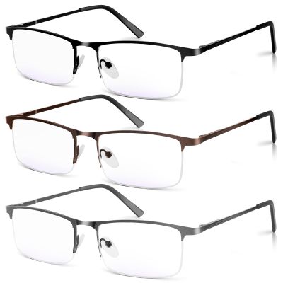 WEIMELTOY 3 Pack Blue Light Blocking Reading Glasses for Men, Stylish Half Frame Metal Computer Readers, Lightweight Spring Hinge Eyeglasses Anti Eyestrain/Glare/UV (Mix Color, Black+Grey+Brown, 3.0)
