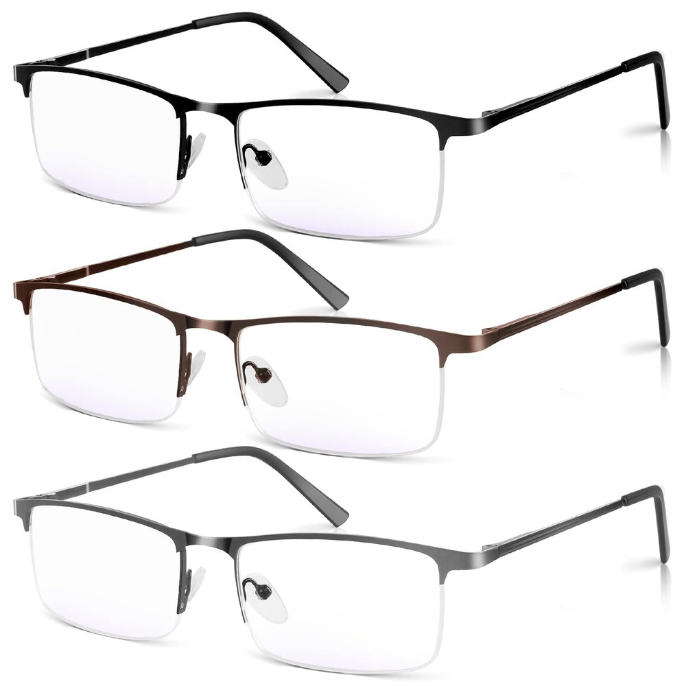 WEIMELTOY 3 Pack Blue Light Blocking Reading Glasses for Men, Stylish Half Frame Metal Computer Readers, Lightweight Spring Hinge Eyeglasses Anti Eyestrain/Glare/UV (Mix Color, Black+Grey+Brown, 3.0)